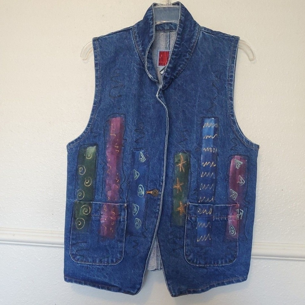 Vintage Sunbelt Hand Painted Southwestern Denim Vest Size Small One Button